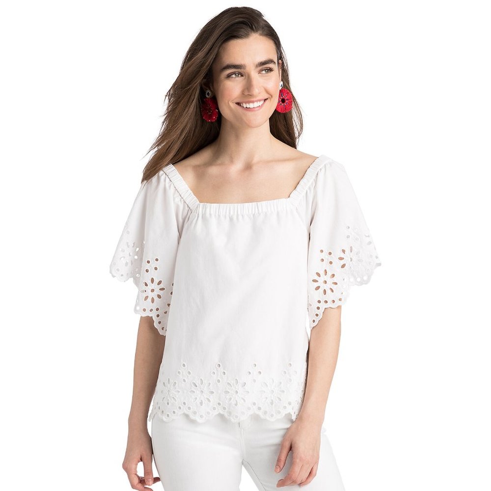 Vineyard Vines White Eyelet Flutter-Sleeve Square Neck Top